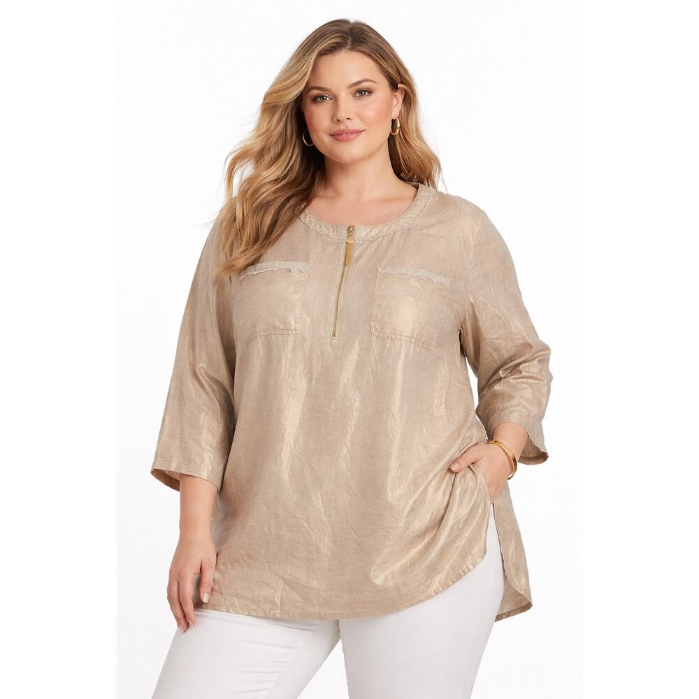 Ellen Tracy Plus Size 3X Metallic Gold Linen Blouse Tunic Zip Fringe Pockets